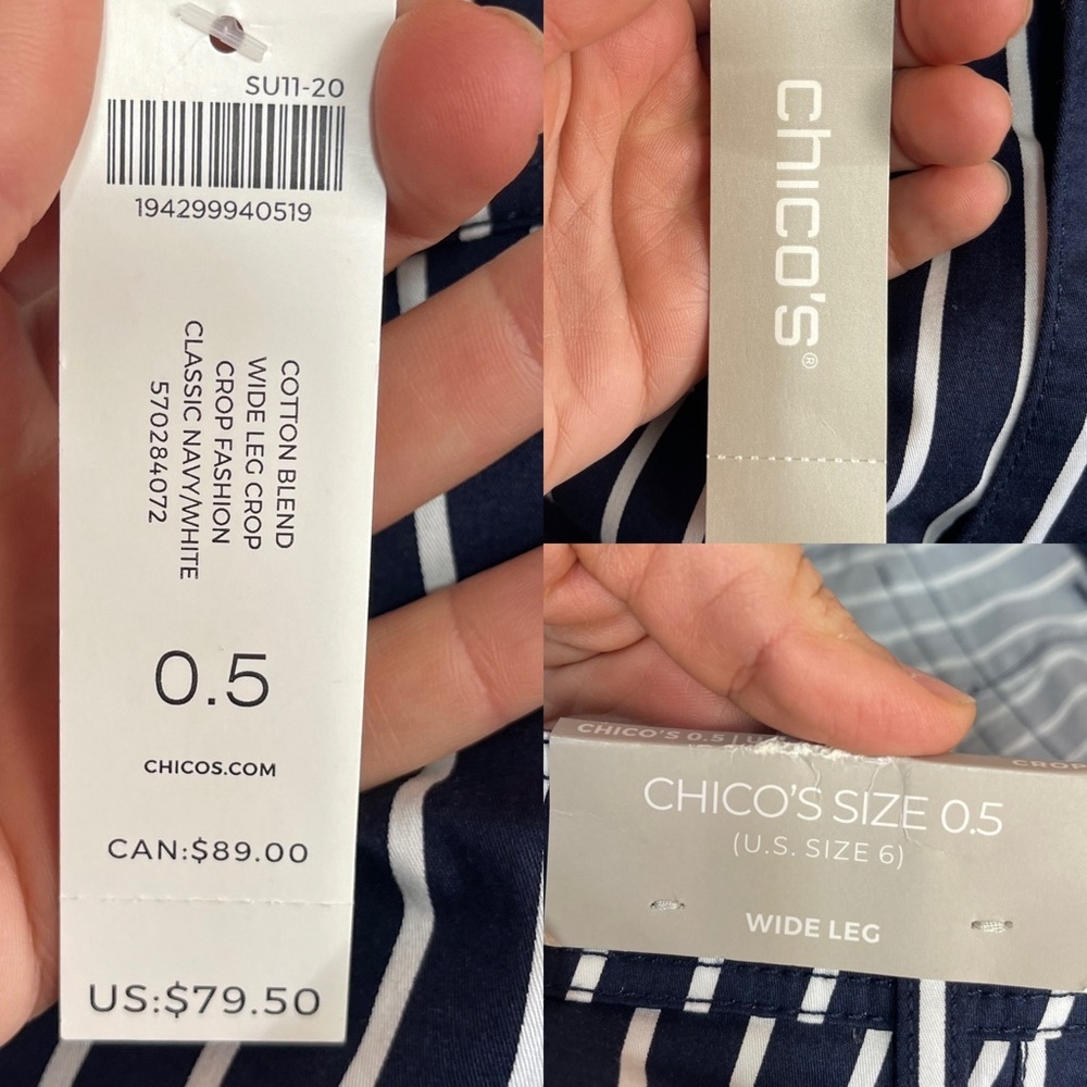 Chico’s navy and white stripes cotton wide leg crop stretch pants women’s size 6 - Picture 16 of 17